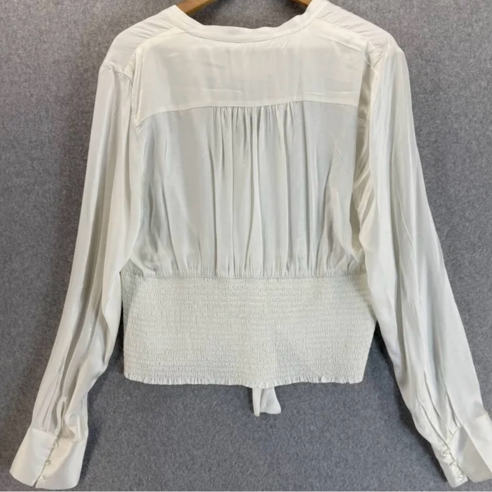 Anthropologie Satin White Blouse Tie Ruched Large - Picture 2 of 4